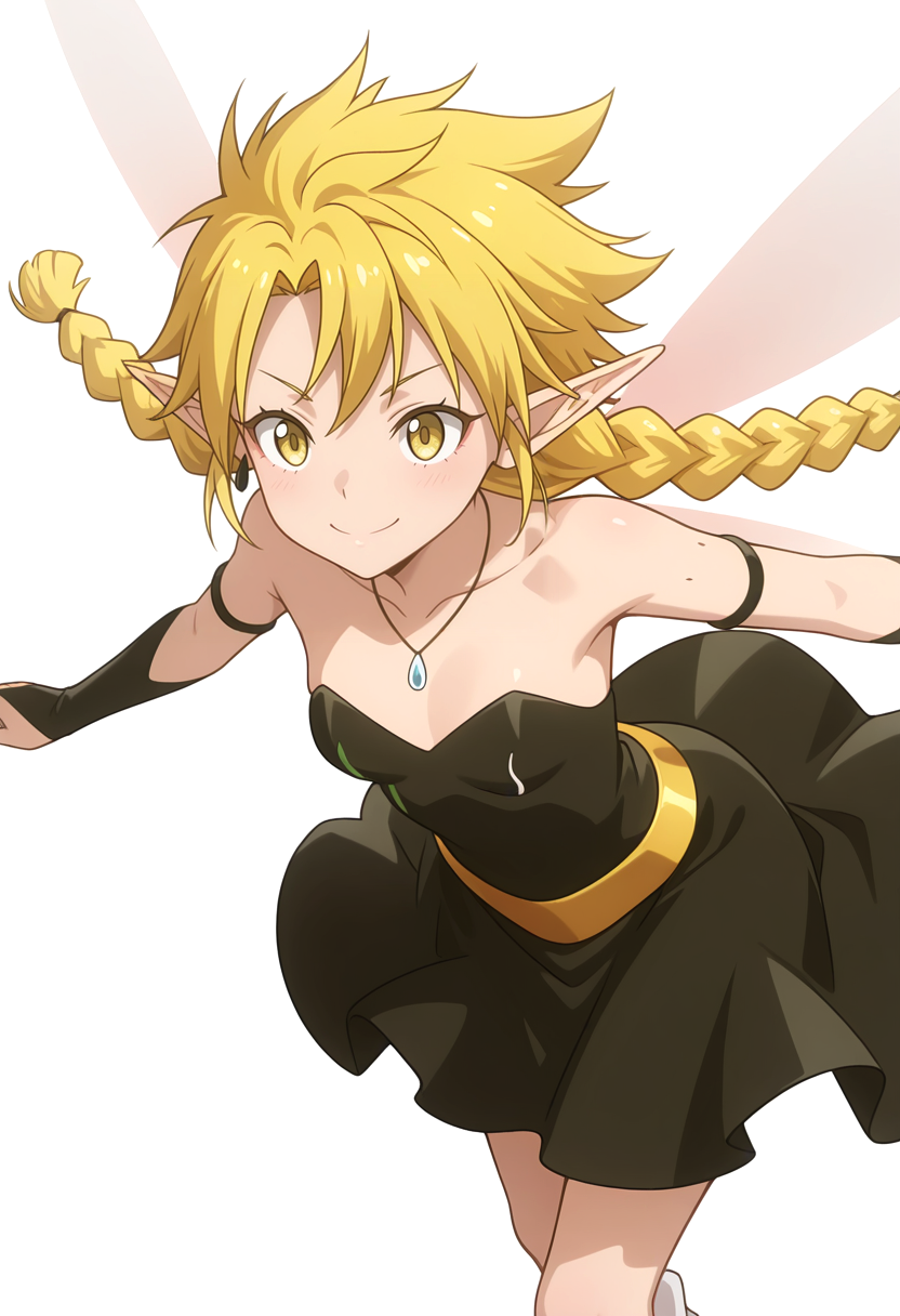 Smooth Quality,masterpiece,very intricate, high quality details, ultra realistic, high detailed skin,detailed enviorement,absurdres, 
simple background, white background, 
dynamic angle,dancing,
xd,solo, 
 <lora:Ramiriscnn:0.8> ramiriscnn, 1girl, fairy, minigirl, blonde hair, yellow eyes, pointy ears, long hair, twin braids,small breasts,fairy wings, bare shoulders, collarbone, black dress, strapless dress, bridal gauntlets, necklace,