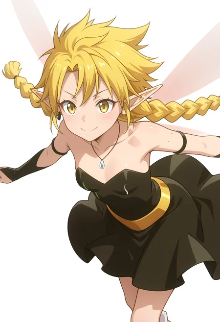 Smooth Quality,masterpiece,very intricate, high quality details, ultra realistic, high detailed skin,detailed enviorement,absurdres, 
simple background, white background, 
dynamic angle,dancing,
xd,solo, 
 <lora:Ramiriscnn:0.8> ramiriscnn, 1girl, fairy, minigirl, blonde hair, yellow eyes, pointy ears, long hair, twin braids,small breasts,fairy wings, bare shoulders, collarbone, black dress, strapless dress, bridal gauntlets, necklace,