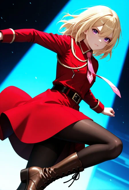 <lora:Jill Savelle:0.9>, CDE_JE,purple eyes,medium hair,blonde hair,hair between eyes, black pantyhose,pink necktie,red dress,cross-laced footwear,belt,military uniform,
general, dutch angle, from front,, dynamic pose,
masterpiece, best quality, absurdres, highres, very aesthetic, high quality, detailed, insanely detailed, beautiful,
(photo background:0.3), depth of field, volumetric lighting,
<lora:noobai_vpred_1_masterpieces_v1:1>, very awa,
<lora:noob1.1-lineart_adjust1-mki:-0.5>,
<lora:IllustriousTweakerLora_v4-detail_1457119:0.8>, <lora:LECO_StickClotch:1.5>, <lora:LECO_Particles:1>,