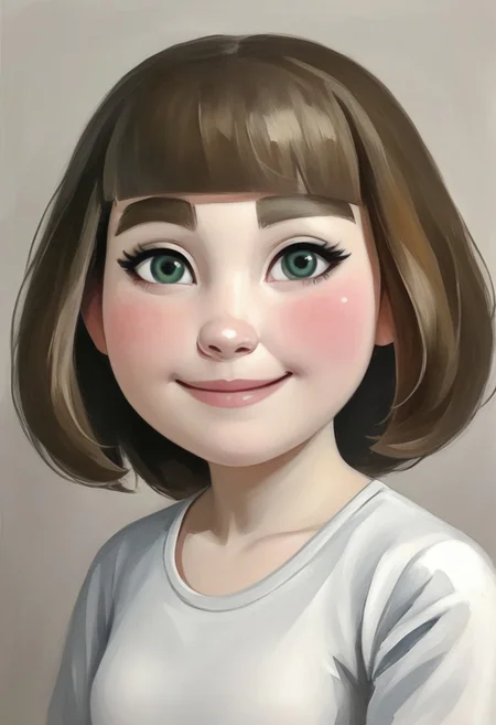 score_9, score_8_up, score_7_up, rating_safe, painterly, faux traditional media, realistic, small nose, blush, white pants, smile, white skin, green-ish brown hair, sneakers, green eyes, female mii, fringe, mii, cute, brown eyebrows, long hair, small breasts, wii u, 1girl, white clothing, Millie_(\Wii_Sports_Club\)