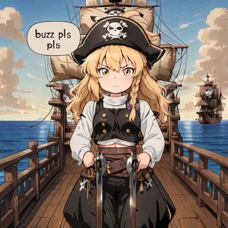 masterpiece,best quality,amazing quality, absurdres, extremely detailed, explicit, anime coloring, BREAK, kirisame marisa, 1girl, solo, yellow eyes, blonde hair, long hair, single braid, small breasts,pirate outfit,Shpdk, ship deck, sailing ship, wooden deck, ocean, sky, clouds, buzz pls, speech bubble, pirate saber, hold weapon, point weapon at viewer, buzz pls, speech bubble