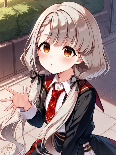 masterpiece,best quality,very aesthetic,absurdres,highres,newest,
hskwng blackdress,hisakawa nagi, asymmetrical bangs,belt,belt buckle,black belt,black dress,black ribbon, blush,braid,buckle, collared shirt,dress, eyelashes,brown eyes,grey hair, hair ribbon,long hair,long sleeves,low twintails, necktie,parted lips,plaid necktie,red necktie, red sailor collar,ribbon,sailor collar,shirt,
eye_focus,<lora:eye_focus:1>,
<lora:idolmaster_hisakawa_nagi_idoloutfit_ill_v1.0:1>,