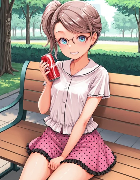 masterpiece, amazing quality, high resolution, park, bench, trees, Soyoka, petite, flat chest, glasses, blue eyes, brown hair, side ponytail, sideswept bangs, frill shirt, polka dot skirt, teeth, sitting on bench, looking at viewer, smiling. holding can of soda