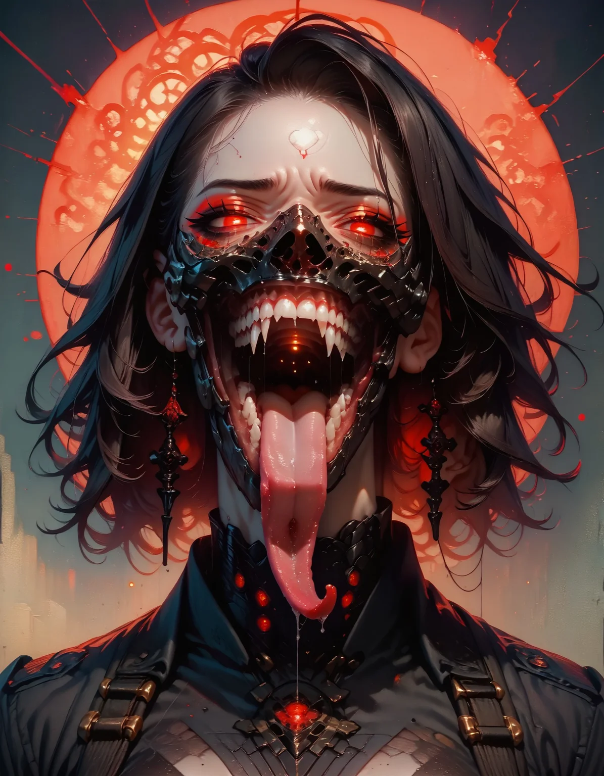 score_9, score_8_up, score_7_up, embedding:zPDXL, 1girl, solo, looking at viewer, open mouth, black hair, red eyes, sharp teeth, black mask, glowing, portrait, glowing eyes, tongue out, long tongue, saliva <lora:pony/twilight_style:0.8> <lora:pony/expressiveh:0.8> expressiveh, <lora:pony/BioPunky:0.8> <lora:pony/longtongue_v1>