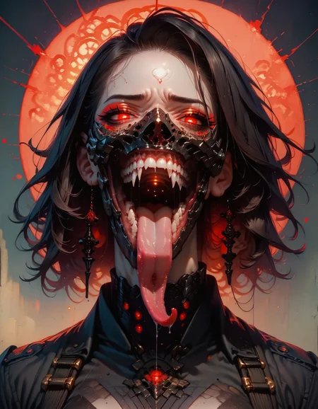 score_9, score_8_up, score_7_up, embedding:zPDXL, 1girl, solo, looking at viewer, open mouth, black hair, red eyes, sharp teeth, black mask, glowing, portrait, glowing eyes, tongue out, long tongue, saliva <lora:pony/twilight_style:0.8> <lora:pony/expressiveh:0.8> expressiveh, <lora:pony/BioPunky:0.8> <lora:pony/longtongue_v1>