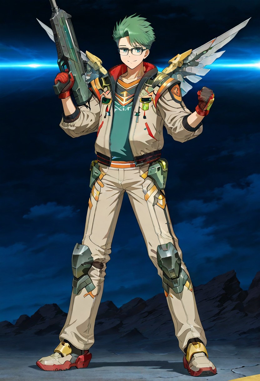 gb4_tao, green hair, short hair, grey eyes, 1boy, solo, male focus, glasses, lean body, wear mecha armor with eagle mecha wings, white mecha armor theme, fly toward the viewer, fight pose, high quality,  armaments equipped in the armor,  score_9, futuristic city in the background, BREAK, his right hand is holding beam rifle, high quality, best quality, masterpiece, detailed draw,detailed eyes, detailed face