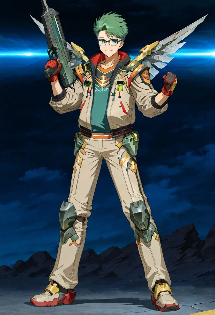 gb4_tao, green hair, short hair, grey eyes, 1boy, solo, male focus, glasses, lean body, wear mecha armor with eagle mecha wings, white mecha armor theme, fly toward the viewer, fight pose, high quality,  armaments equipped in the armor,  score_9, futuristic city in the background, BREAK, his right hand is holding beam rifle, high quality, best quality, masterpiece, detailed draw,detailed eyes, detailed face