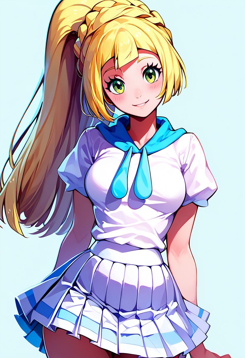 score_9, score_8_up, score_8, medium breasts, (curvy), cute,  eyelashes
zzlillie, long hair, ponytail, French braid, white shirt, short sleeves, white skirt, pleated skirt,
smile, blush, 
looking at viewer, head tilt, 
Expressiveh, zPDXL2