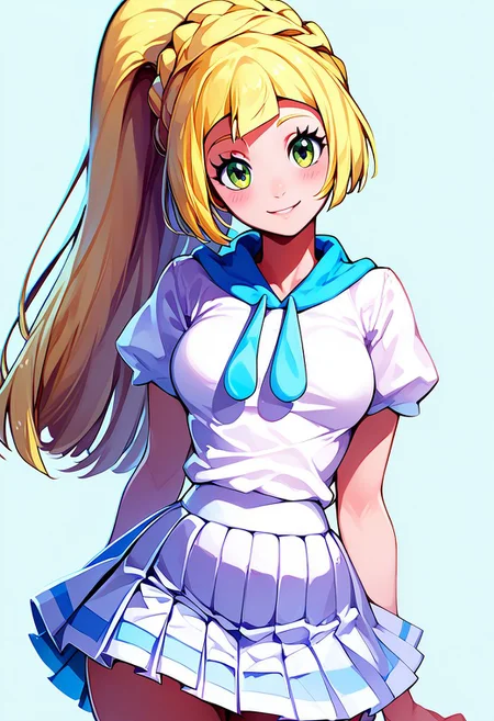 score_9, score_8_up, score_8, medium breasts, (curvy), cute, eyelashes
zzlillie, long hair, ponytail, French braid, white shirt, short sleeves, white skirt, pleated skirt,
smile, blush,
looking at viewer, head tilt,
Expressiveh, zPDXL2
