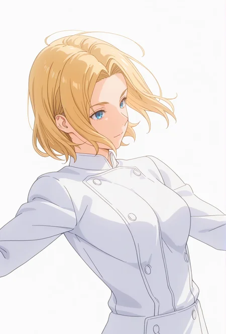 Smooth Quality,masterpiece,very intricate, high quality details, ultra realistic, high detailed skin,detailed enviorement,absurdres,
simple background, white background,solo,dancing, wind,
dynamic angle,+ -,
<lora:FoodWCNN:0.8> foodwarstylecnn,
takumi_cnn, 1boy, blonde hair, blue eyes, white jacket
