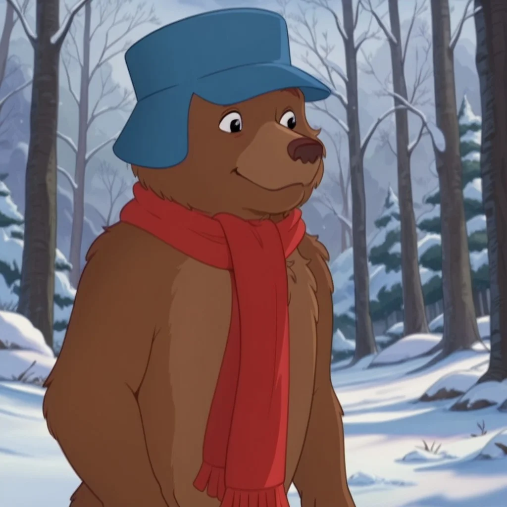 masterpiece, best quality, amazing quality, lttleBearLBil, semi-anthro, male bear, brown fur, black eyes, forest, snow, plain blue hat, red scarf, solo