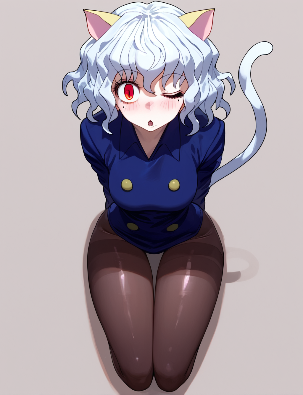 score_8_up. score_7_up, <lora:eatsleep1111>, eatsleep1111, white background, 
1girl, solo, pantyhose,one eye closed, breasts, looking at viewer, white background, simple background, mole, arms behind back, black pantyhose, sitting, from above, full body, blush, thighband pantyhose, large breasts, leaning forward, mole under mouth, open mouth, no shoes, thigh gap,
    neferpitou, short hair, red eyes, animal ears, tail, white hair, cat ears, cat tail, curly hair, <lora:Neferpitou_HxH_-_2011_anime_accurate_style:0.7>