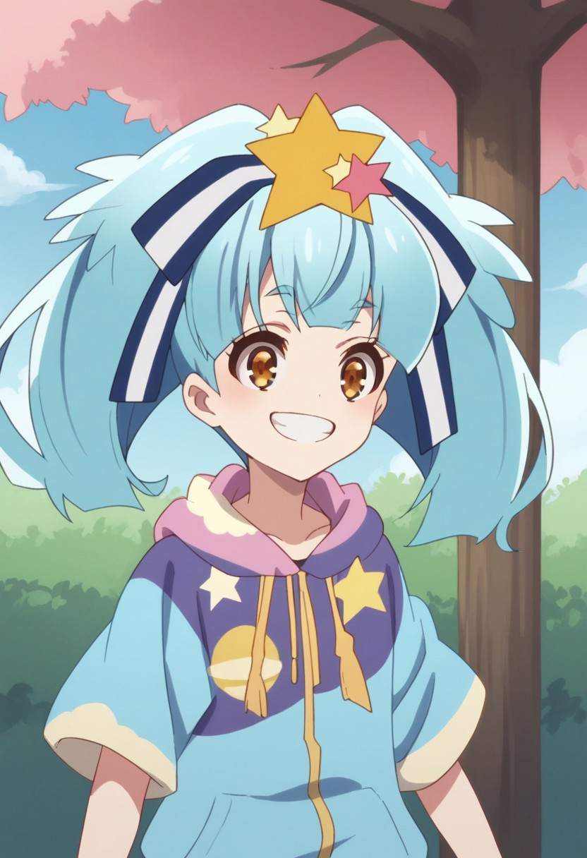 score_9, score_8_up, score_7_up, source_anime, highly detailed, 
lilyhoshikawa, 1girl, hair ornament, star hair ornament, star (symbol), solo, smile,
twintails, hoodie, grin, hair ribbon, blue hair, ribbon, brown eyes,
hood, aqua hair, long hair, upper body,
outdoor, sky, tree