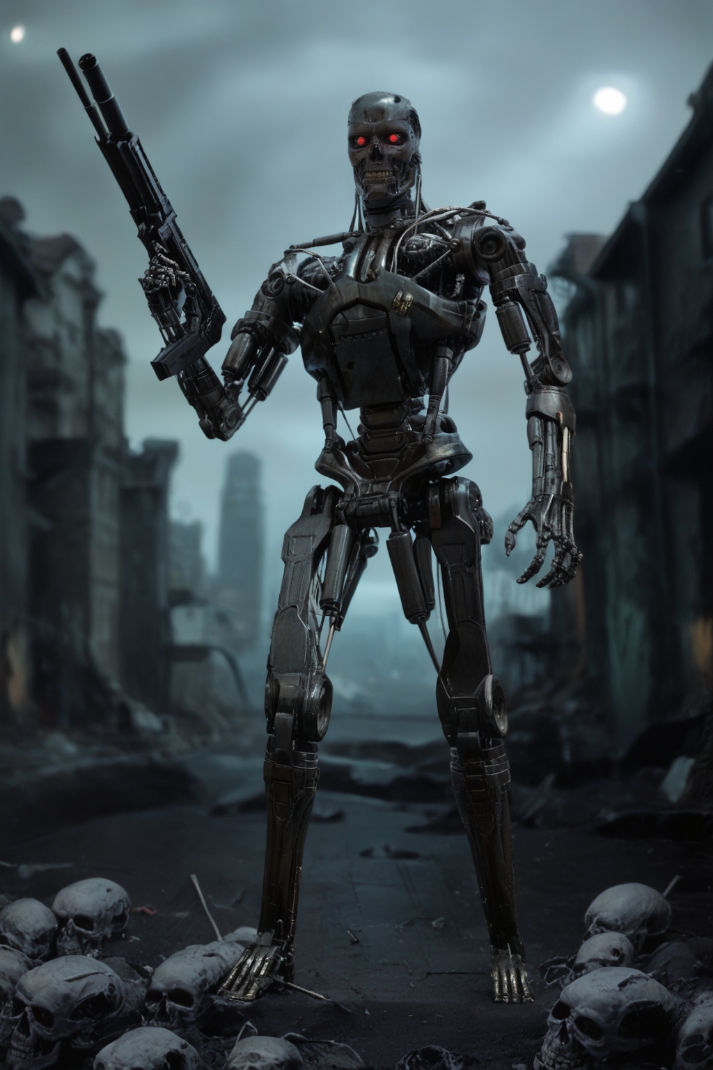 T800_Endo, Terminator robot, score_9, score_8_up, score_7_up, (source_IRL), masterpiece, high quality, highres RAW photo, ((full body shot))
a T800_Endo Terminator Robot with red eyes, he is made of metal, <lora:T800_Endo_Terminator_Pony_v1:1>
(standing, holding a futuristic gun)
in a destroyed apocalyptic city, with skulls covering the ground, dark cloudy skies, Apocalyptic Landscape, destroyed city
dynamic lighting, highly detailed, intricate details, shadows, sunbeams, light rays