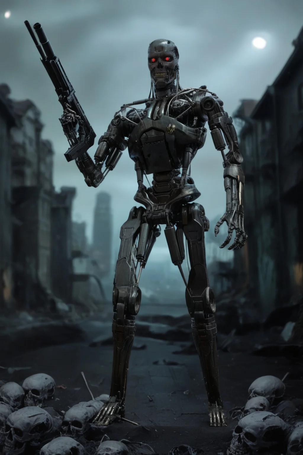 T800_Endo, Terminator robot, score_9, score_8_up, score_7_up, (source_IRL), masterpiece, high quality, highres RAW photo, ((full body shot))
a T800_Endo Terminator Robot with red eyes, he is made of metal, <lora:T800_Endo_Terminator_Pony_v1:1>
(standing, holding a futuristic gun)
in a destroyed apocalyptic city, with skulls covering the ground, dark cloudy skies, Apocalyptic Landscape, destroyed city
dynamic lighting, highly detailed, intricate details, shadows, sunbeams, light rays