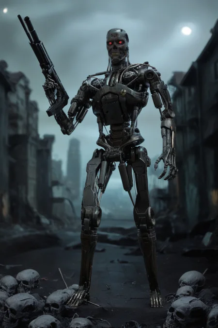 T800_Endo, Terminator robot, score_9, score_8_up, score_7_up, (source_IRL), masterpiece, high quality, highres RAW photo, ((full body shot))
a T800_Endo Terminator Robot with red eyes, he is made of metal, <lora:T800_Endo_Terminator_Pony_v1:1>
(standing, holding a futuristic gun)
in a destroyed apocalyptic city, with skulls covering the ground, dark cloudy skies, Apocalyptic Landscape, destroyed city
dynamic lighting, highly detailed, intricate details, shadows, sunbeams, light rays