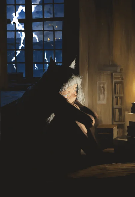 painterly, artist:[caravaggio|adam de coster|yoneyama mai|cursedweeboo|daodtt|diao \(nrays\)|ravine bells],
1girl, cat girl, cat ears, scared, sweatdrop, hugging own legs, sitting in the corner, from side, tears, long eyelashes, colored eyelashes, indoors, window, dark, night, [|storm clouds, a flash of lightning brightly illuminates the dark room, books strewn about, messy, bookcase, posters, bed, discarded clothing:0.1], 
newest, impasto, brushstroke, impressionism, chiaroscuro, oil painting \(medium\), newest, absurdres, masterpiece, very aesthetic