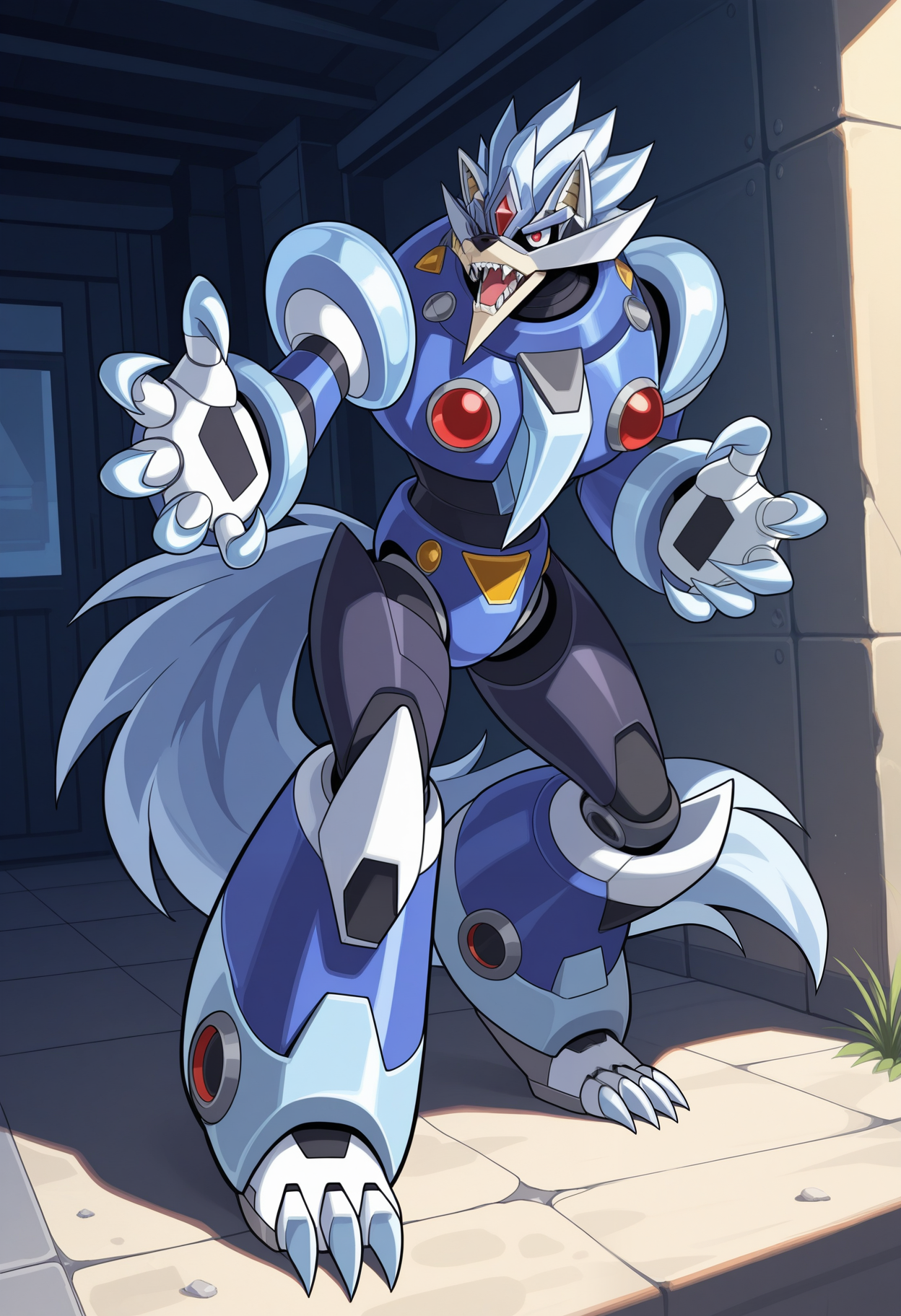 masterpiece,best quality,amazing quality, 1boy, solo, Bw0lfg4ng, robot wolf boy, robot, red eyes, blue hair, tail, full body, outside,