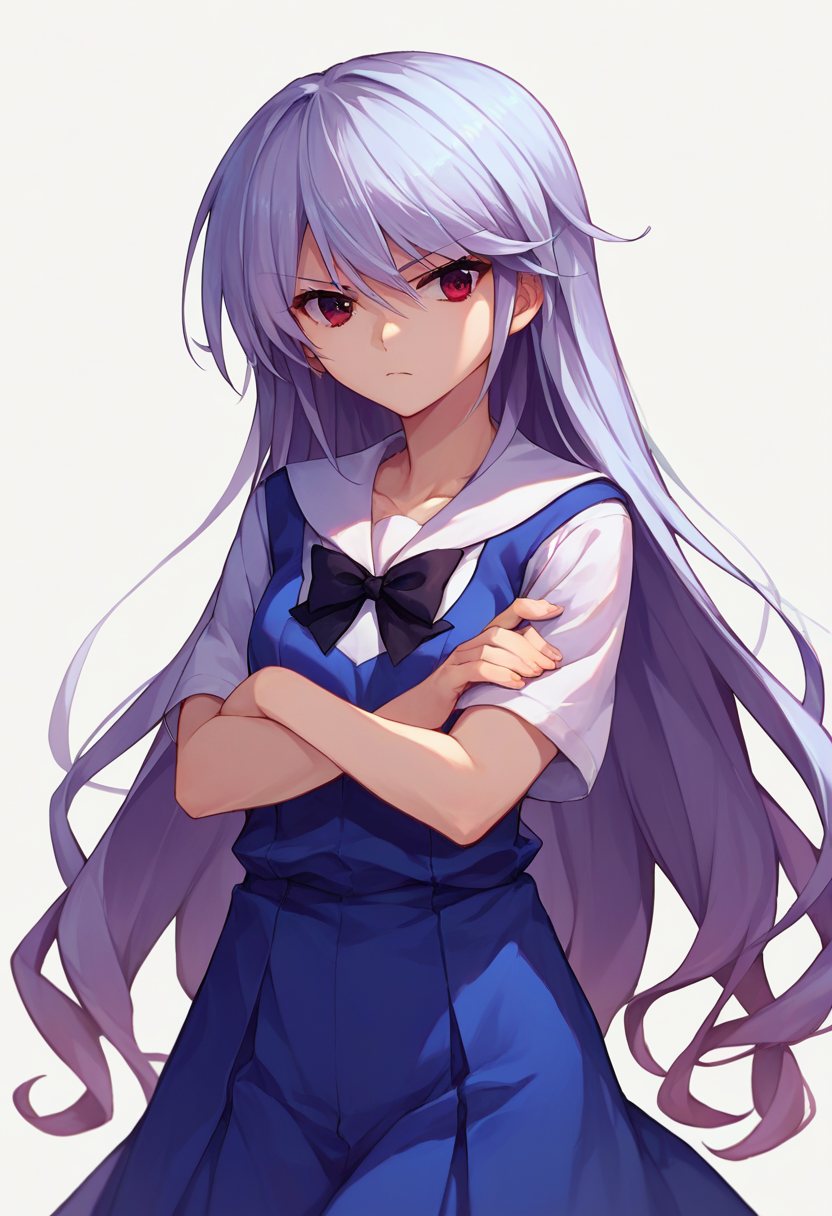 score_9, score_8_up, score_7_up, source_anime, 1girl,  <lora:KazukiCAME-000007:1> kazami kazuki, silver hair, long hair, red eyes, school uniform, black bow, crossed arms,