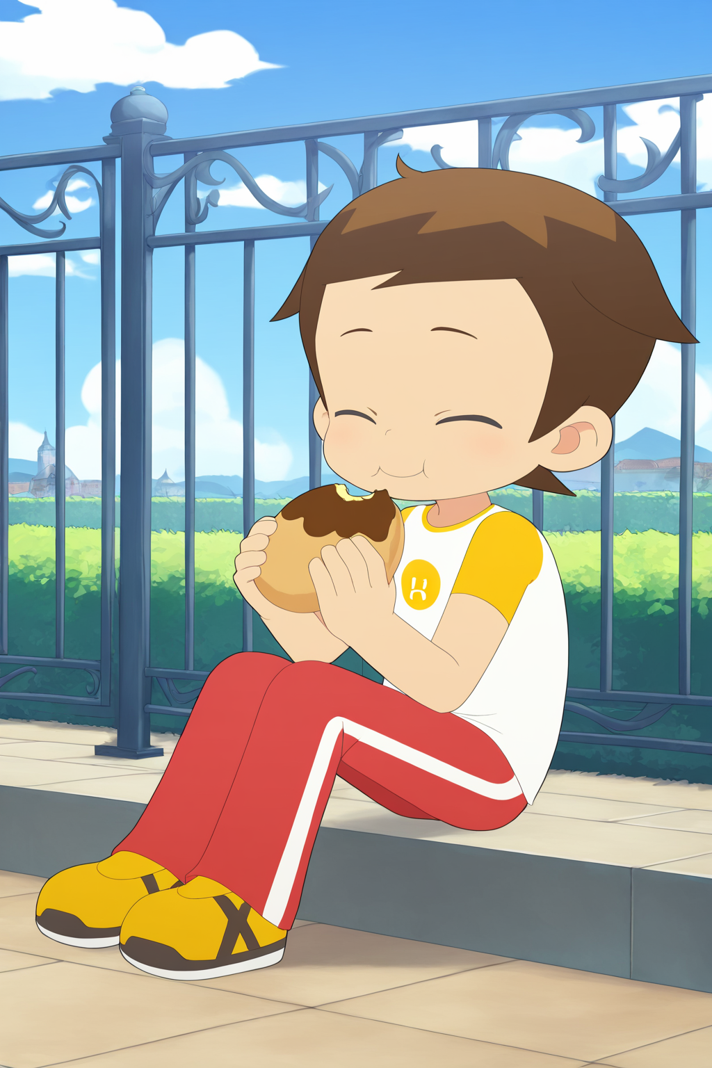 xiaomi,1boy, closed eyes, cloud, food, holding, male focus, sitting, sky, smile, solo, eat,red pant,iron railings,<lora:xiaomi:1>,