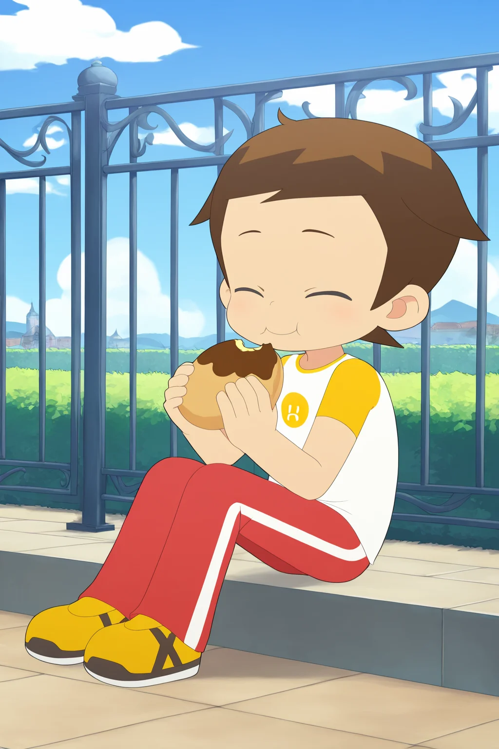 xiaomi,1boy, closed eyes, cloud, food, holding, male focus, sitting, sky, smile, solo, eat,red pant,iron railings,<lora:xiaomi:1>,