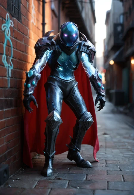 <lora:Arc_Warden_v1:1> arc_warden_v1,
1boy, no humans,
glowing,
claws,
armor, cape, helmet,gloves, shoulder armor, boots, gloves,, score_9, score_8_up, score_7_up, score_6_up, derpibooru_p_95,
detailed eyes, beautiful, detailed background, perfect eyes,
blur censor, blurry, blurry background, blurry foreground, bokeh, motion blur,
chromatic aberration, depth of field, figure, focused, focus
photography, realistic sun light and shadows, photorealism, UHD --ar 9:16 --style raw --stylize 700,
solo,
against wall, brick wall, graffiti, dim lighting, alley, dynamic sexy pose, (performing a sexy k-pop dance on a busy city street:1.5)