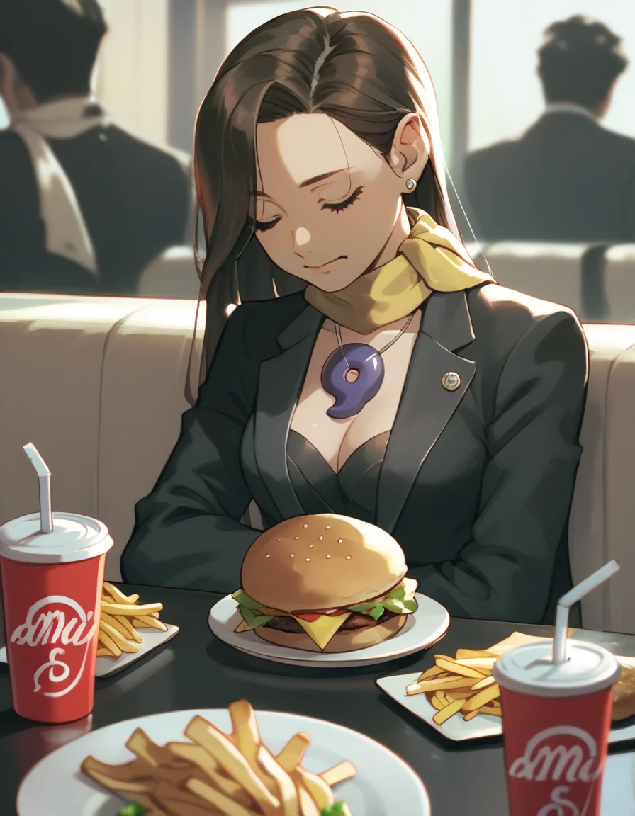 score_9, score_8_up, score_7_up, score_6_up, score_5_up, score_4_up,
<lora:mia-fey-aa-ponyxl-000070:0.8> aamia, black jacket, suit jacket, skirt suit, (black bustier:0.8), scarf, magatama necklace,
solo, blissful, closed eyes, hamburger, fries, melon soda, restaurant