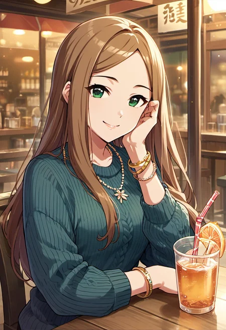score_9, score_8_up, score_7_up, source_anime, matsuyama kumiko, long hair, brown hair, green eyes, 1girl, solo, jewelry, bracelet, necklace, smile, looking at viewer, drink, cup, drinking straw, drinking glass, sweater