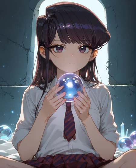 PonyScores7, source_anime, ah1, <lora:natsumi_style:1>, BREAK 1girl, (smirking at viewer), (Posing with an ominous-looking crystal ball, eyes locked on it), (Autumn Riverbank), looking at viewer, (<lora:Shouko_Komi:0.8> Shouko Komi, school uniform, white shirt, no mouth), BREAK <lora:xl_more_art-full_v1:0.2>, <lora:shinyskin2:0.2> glistening skin, <lora:aesthetic_anime_v1s:0.2>, <lora:Expressive_H:0.2> Expressiveh, <lora:hairdetailpxl:0.2> hairdetailpxl, <lora:EpicF4nta5yXL:0.2>, <lora:detailxl:0.2> detailxl, <lora:Fant5yP0ny:0.2>, best quality, amazing quality, best aesthetic, absurdres, <lora:expressive eyes:0.2> expressive eyes, <lora:eyedetailpxl:0.2> eyedetailpxl, illustration, Volumetric_Lighting, ultra-detailed, very aesthetic, intricate details, 8k, masterpiece, best_quality, BREAK (Ground level view Extreme Close shot (focus on legs)), BREAK <lora:Eyes_High_Definition:0.3> EyesHD, Stable_Yogis_PDXL_Positives, AS-Adult, <lora:Complicated fantasy portrait - XL Pony V2.0:0.4>, bad-hands-5,