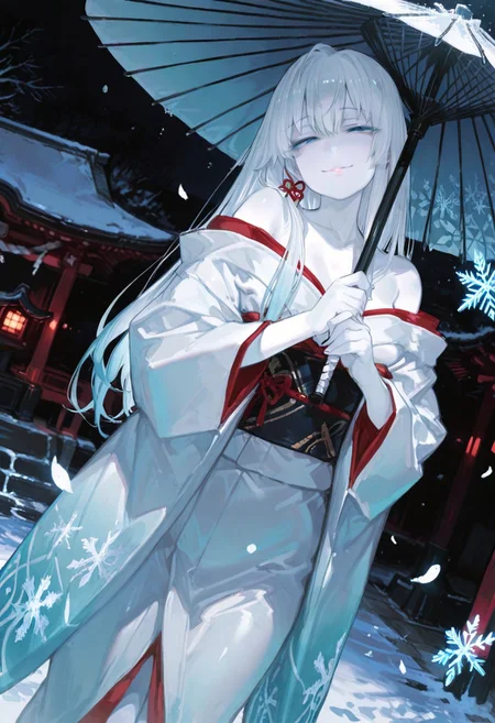 masterpiece, best quality, good quality, newest, highres, absurdres, volumetric lighting,gradient color,
BREAK
raytracing, volumetric lighting, ambient occlusion, girl, luminescent background, masterpiece, best quality, very awa, absurdres,
BREAK
Yukinoshita Yukino, Yuki-onna colored skin, (white skin:1.3), solo, long hair, white hair, blue eyes, luscious lips, model style,
evil eyes, evil, bullying, sinister,
BREAK
masterpiece,amazing quality,best quality,ultra-detailed,8K,illustration,CG,shiny hair,clear skin,ultra-detailed-eyes,simple background,cute girl, eyelashes
BREAK,
long kimono, outdoors, shrine, night, moonlight, dutch angle, dark theme, high contrast, holding umbrella, snowflakes, snow, bare shoulder, looking at viewer, petals falling, , smile, half-closed eyes, sash,