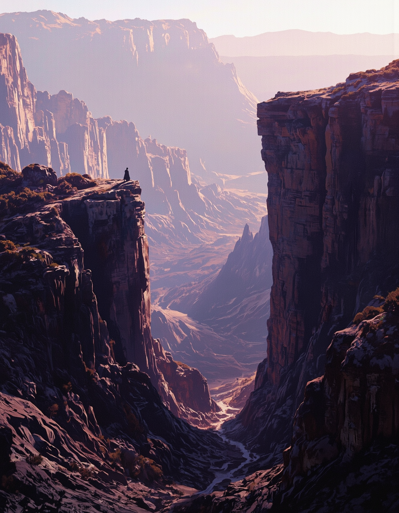 Heroic figure, looking out over vast expanse, high cliffs, epic landscape, inspired by the cinematography of Douglas Trumbull