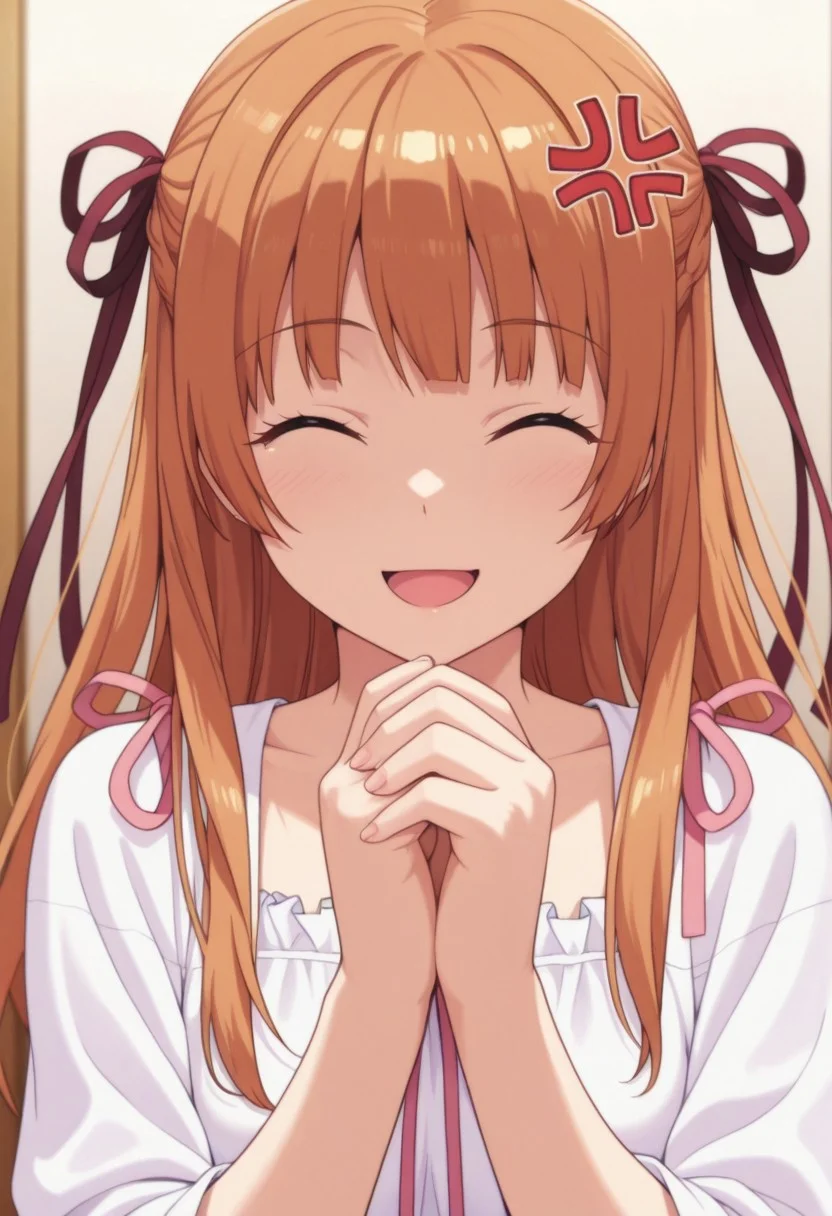 masterpiece,best quality,amazing quality, sumizome akemi, amber hair, long hair, 1girl, closed eyes, anger vein, solo, open mouth, hair ribbon, ribbon, smile, own hands together, false smile