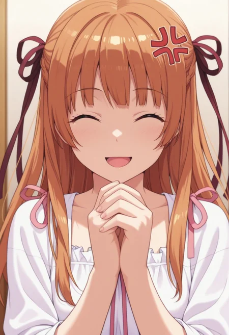 masterpiece,best quality,amazing quality, sumizome akemi, amber hair, long hair, 1girl, closed eyes, anger vein, solo, open mouth, hair ribbon, ribbon, smile, own hands together, false smile