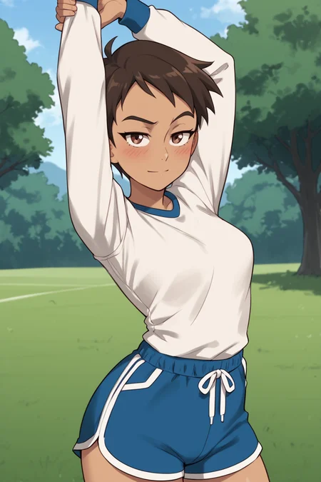 PonyXLV6_Scores BREAK ((parody, anime coloring), perfect anatomy, perfect eyes, cowboy shot), <lora:add_details_xl:0.8> BREAK <lora:Lois_Lane_-_MAWS:0.8> 1girl, dark-skinned female, tomboy, short hair, brown hair, brown eyes, flirting, raised eyebrow, half-closed eyes, blushing, ((looking at viewer)), shirt, long sleeves, blue shorts, dolphin shorts, medium breasts, curvy, toned, athletic, teasing viewer, stretching, arms up, arched back, outdoors