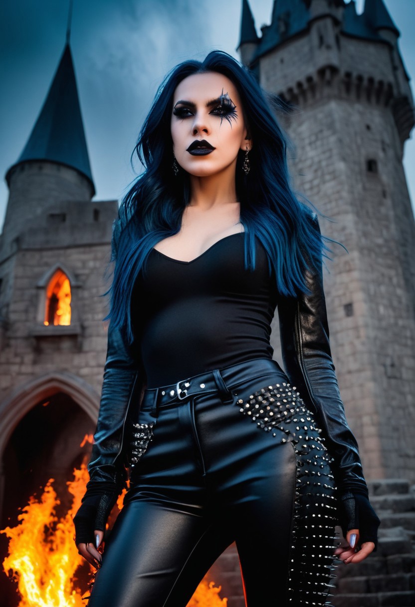 (Confident, strength, perky breasts, lips, long  hair, gothic:1.2), Stunning female model. black leather pants. Spiked pauldrons. Gothic face paint. Standing in front of a gothic castle. Pyrotechnics in the background, bursts of flame . (((Screaming at the viewer))). Looking at viewer. Erotic, seductive, sensual. Highly detailed beautiful expressive eyes. Wet look hair. Studio quality dynamic lighting. Sterile, portrait photography. 8k, RAW photo, best quality, ultra high res, intricate, photorealistic, masterpiece, ultra-detailed, crisp.