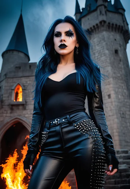 (Confident, strength, perky breasts, lips, long hair, gothic:1.2), Stunning female model. black leather pants. Spiked pauldrons. Gothic face paint. Standing in front of a gothic castle. Pyrotechnics in the background, bursts of flame . (((Screaming at the viewer))). Looking at viewer. Erotic, seductive, sensual. Highly detailed beautiful expressive eyes. Wet look hair. Studio quality dynamic lighting. Sterile, portrait photography. 8k, RAW photo, best quality, ultra high res, intricate, photorealistic, masterpiece, ultra-detailed, crisp.