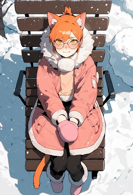 score_9, score_8_up, score_7_up,
1femboy, skinny, light orange cat ears, light orange cat tail, short ponytail, air_bangs, (light orange hair), yellow eyes, slit pupils, round glasses,
pink jacket, down jacket, fur hood, fur collar, fur boots, pants, pink mittens,
winter forest, snowfall, sun, cloud,
mouth vapour, blush, looking at viewer,
lying on bench, from above,
front view, full body,
<lora:Expressive_H:0.3>,<lora:Gogalking_-_style:0.8>, gogalking,