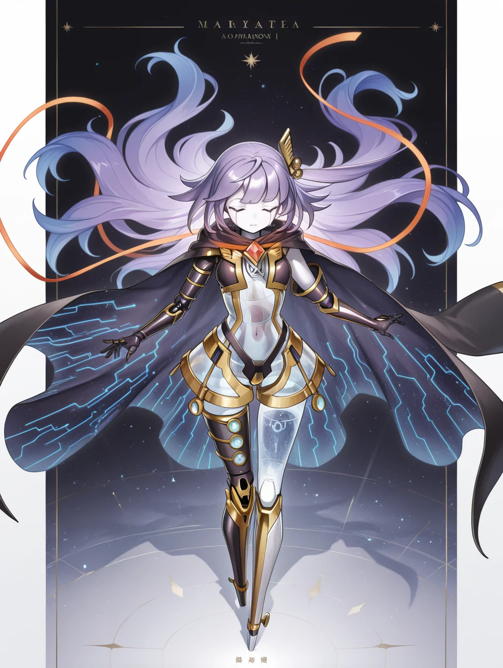 facial mark, galatea the orcust automaton i, 1girl, solo, english text, floating hair, full body, from above, weapon, character name, navel, gold hair ornament, blue see-through body, mechanical elbow gloves, black cape, doll joints, mechanical dress, humanoid robot, red see-through ribbon, crotch plate, mechanical foot, single mechanical thighhigh,
masterpiece,best quality,amazing quality,very aesthetic,absurdres,newest,<lora:Galatea, the Orcust Automaton i illuXL v1.2:0.75>,