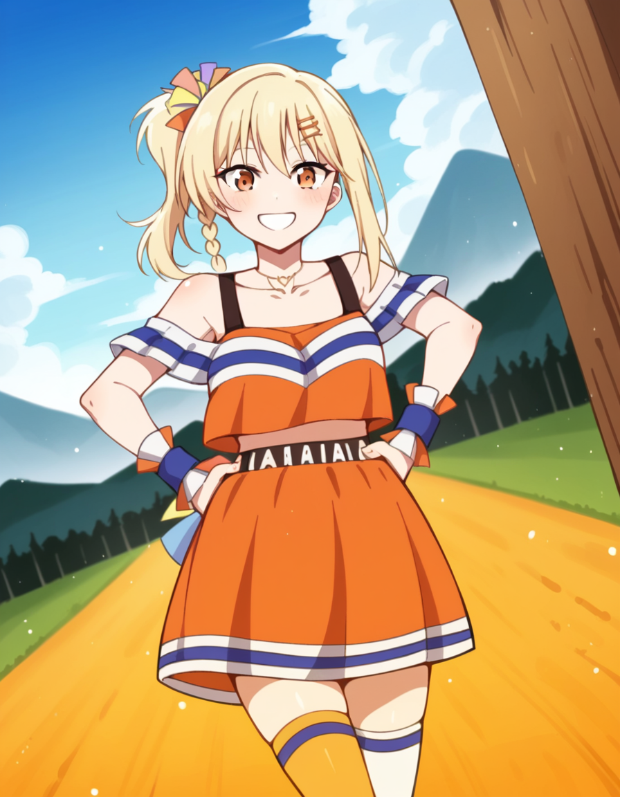 score_9, score_8_up, score_7_up, source_anime, <lora:ai-miyashita-saikou-heart-mv-ponyxl-lora-nochekaiser_r1:1>, ai miyashita, bangs, blonde hair, hair ornament, orange eyes, braid, sidelocks, medium hair, side ponytail, orange eyes, french braid,, skirt, thighhighs, jewelry, collarbone, necklace, off shoulder, tank top, wristband, cheerleader, pom pom (cheerleading), orange skirt, gyaru, heart necklace, mountain, rock, height, snow, trees, smile, hands on stomach, blush,, looking at viewer, solo,, dutch angle, cowboy shot