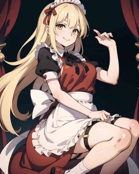 <lora:yumeko_(touhou):1:BODY>, yumeko_(touhou), solo, 1girl, smile, long_hair, breasts, blonde_hair, skirt, ribbon, dress, yellow_eyes, frills, short_sleeves, very_long_hair, puffy_short_sleeves, shoes, apron, brown_footwear, maid_headdress, maid, high_heels, white_apron, frilled_apron, maid_apron, garter_straps, wavy_hair, red_dress,