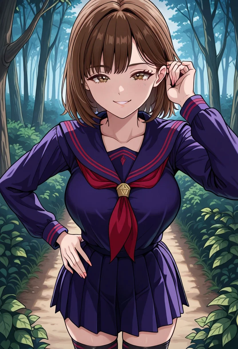 bright colors, detailed background,, volumetric light, vivid colours, standing,
looking at viewer, outdoors, overcast, dark, forest, vines, ponypositive, solo, solo focus, open hand on hip, hand adjusting hair behind ear, single eyebrow lifted, smirk,
ioriyoshRL, 1woman, solo, brown hair, brown eyes, standing, smile, thighhighs, school uniform, purple serafuku,
best quality, hyper detailed, ambient stylish expressive lighting, absolutely eye-catching masterpiece, body extremely close-up view, (facing viewer), forward, face extremely close-up shot, chest focus, selfie,