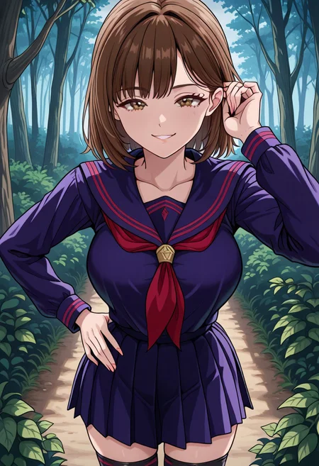 bright colors, detailed background,, volumetric light, vivid colours, standing,
looking at viewer, outdoors, overcast, dark, forest, vines, ponypositive, solo, solo focus, open hand on hip, hand adjusting hair behind ear, single eyebrow lifted, smirk,
ioriyoshRL, 1woman, solo, brown hair, brown eyes, standing, smile, thighhighs, school uniform, purple serafuku,
best quality, hyper detailed, ambient stylish expressive lighting, absolutely eye-catching masterpiece, body extremely close-up view, (facing viewer), forward, face extremely close-up shot, chest focus, selfie,