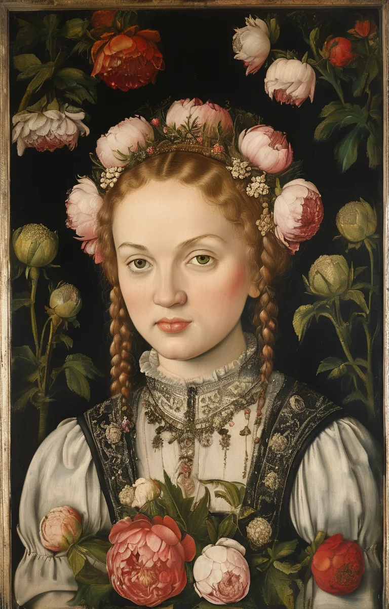 masterpiece,best quality,<lora:tbh283-sdxl:0.9>,illustration,style of Lucas Cranach the Elder decaying peonies