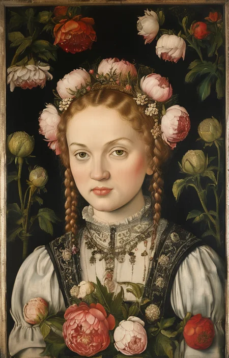 masterpiece,best quality,<lora:tbh283-sdxl:0.9>,illustration,style of Lucas Cranach the Elder decaying peonies
