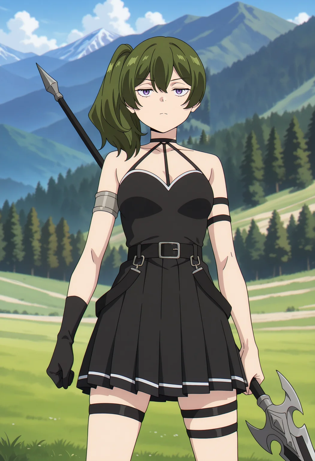 anime screencap, masterpiece, best quality,
<lora:SousouNoFrieren_Ubel_IlluXL:0.9>,
1girl, solo, serious,
green hair, side ponytail, purple eyes,
UbelSSnF, sleeveless dress, pleated dress, short dress, black dress, halterneck, black belt, armlet, arm strap, single glove, black gloves,
thigh strap,
holding weapon, spear,
standing, spread legs, looking at viewer, cowboy shot,
photo background, forest, mountainous horizon, grass, nature, blurry background