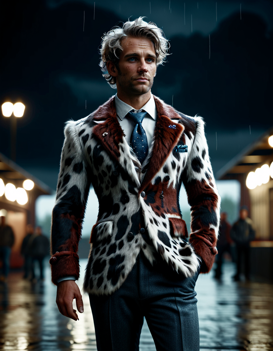 Renderman, Wispy stocky Northern (Male Boss:1.1) , in a very Charming made out of ral-moozkin from the 1850's, his hair is Two-Tone and styled as Low fade, from inside of a Skate park, Thunderstorm, Bokeh, Movie still, Grim, Superflat, Kinemacolor, skin pores, <lora:ral-moozkin-sdxl:0.8>, cool colors, cinematic perfect intricate stunning fine detail, epic composition, deep rich colors