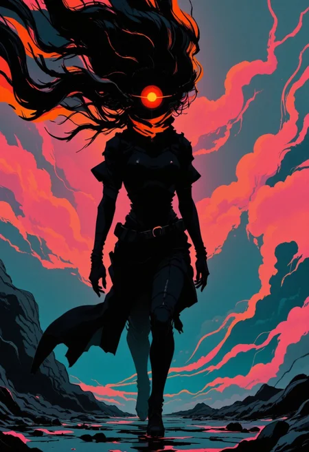 M100-style, a towering eerie Silhouette of a Busty female rogue soldier in the style of ck-mgs, with translucent dark neon spectral rgb orange/pink billowing Hair and with ethereal billowing Planethead, planet-head, cyclops, Walking over water of a ghostly hazy lake, atmospheric lighting, volumetric lighting, atmospheric haze, Closeup Princess with billowing Aura, masterpiece, extremely high-quality RAW, 4k, sharp focus, high resolution, with film grain, creating a hyperpunk scene with desaturated dark turquoise and yellow details, with vibrant colors,