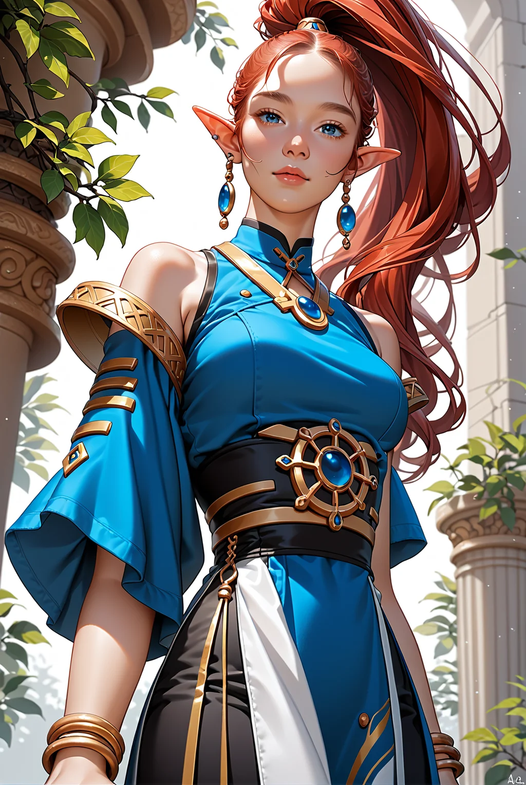 score_9, score_8_up, score_7_up, score_6_up, score_5_up, score_4_up, source_anime, <lora:aeldari_Pony_2:1> aeldari, asuryani, (seer), aeldari's shoulder armor, 1girl, solo, long ponytail with shaved temples hair, looking at viewer, very horny smille face, blue eyes, black hair, ponytail with shaved temples, medium breasts, pointy ears, piercing, elf, from below, Very skinny and wiry, ((She holds out her hand to the observer))