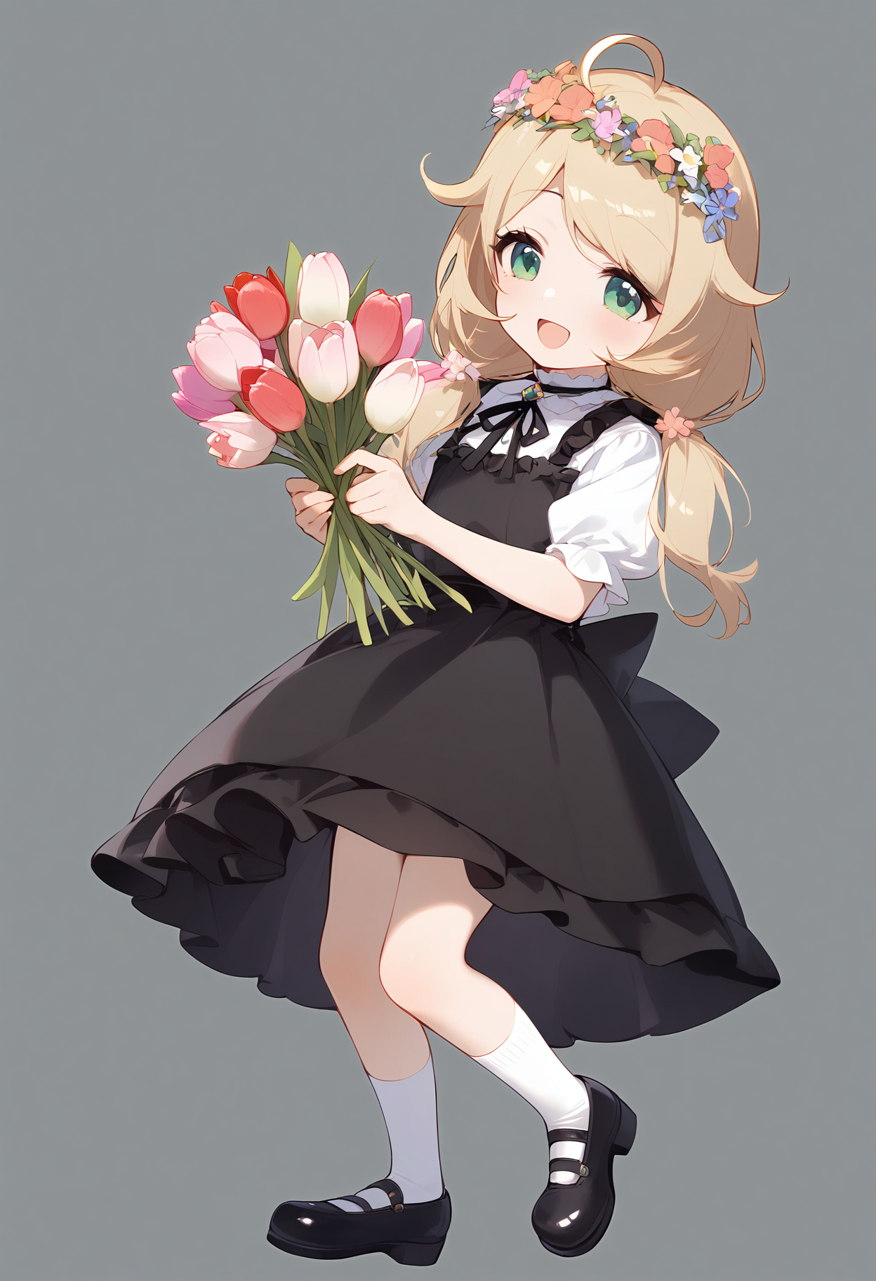 1girl,
yusa kozue,


ahoge, blush, :d, green eyes, holding flower, sleeveless, black footwear, pink flower, flower, tulip, hair ornament, white shirt, dress, flower wreath, long hair, holding, black dress, kneehighs, low twintails, twintails, smile, socks, solo, sleeveless dress, shirt, head wreath, hair flower, white socks, hair between eyes, standing, blonde hair, shoes, full body,

sfw
<lora:a31_char_new_yusa_kozue-000010:1> <lora:a31_style_koni-000010:0.8>