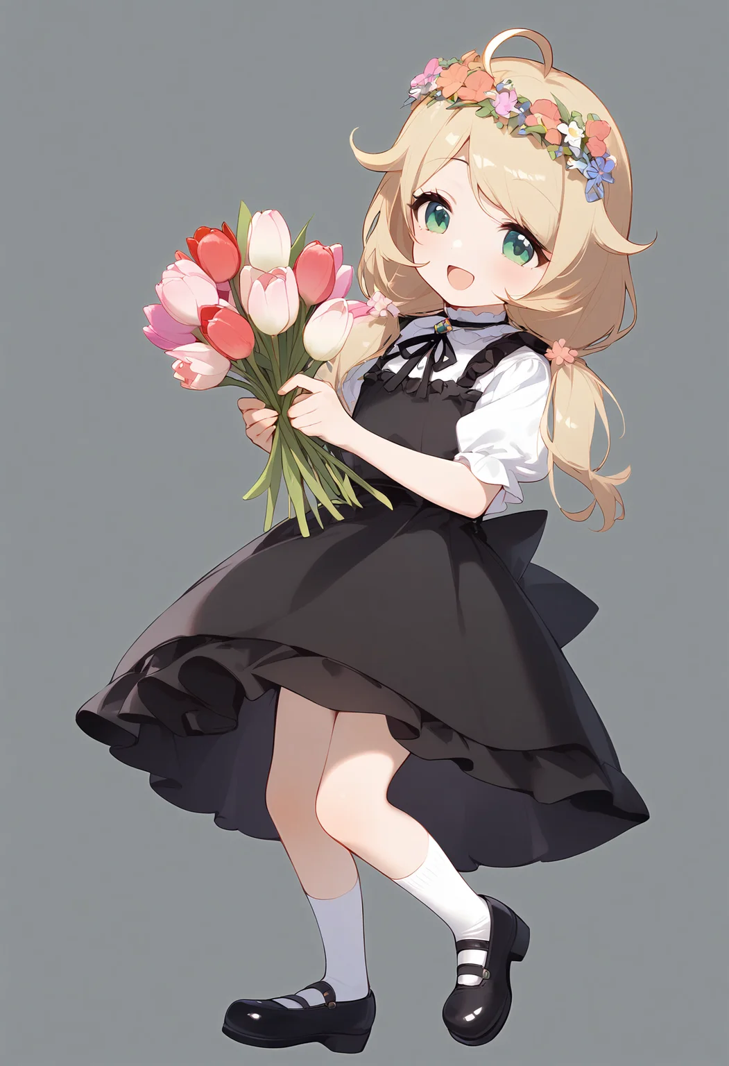 1girl,
yusa kozue,
ahoge, blush, :d, green eyes, holding flower, sleeveless, black footwear, pink flower, flower, tulip, hair ornament, white shirt, dress, flower wreath, long hair, holding, black dress, kneehighs, low twintails, twintails, smile, socks, solo, sleeveless dress, shirt, head wreath, hair flower, white socks, hair between eyes, standing, blonde hair, shoes, full body,
sfw
<lora:a31_char_new_yusa_kozue-000010:1> <lora:a31_style_koni-000010:0.8>